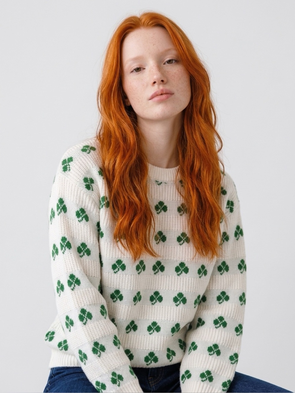 White Crewneck Sweater with Green Shamrock Pattern